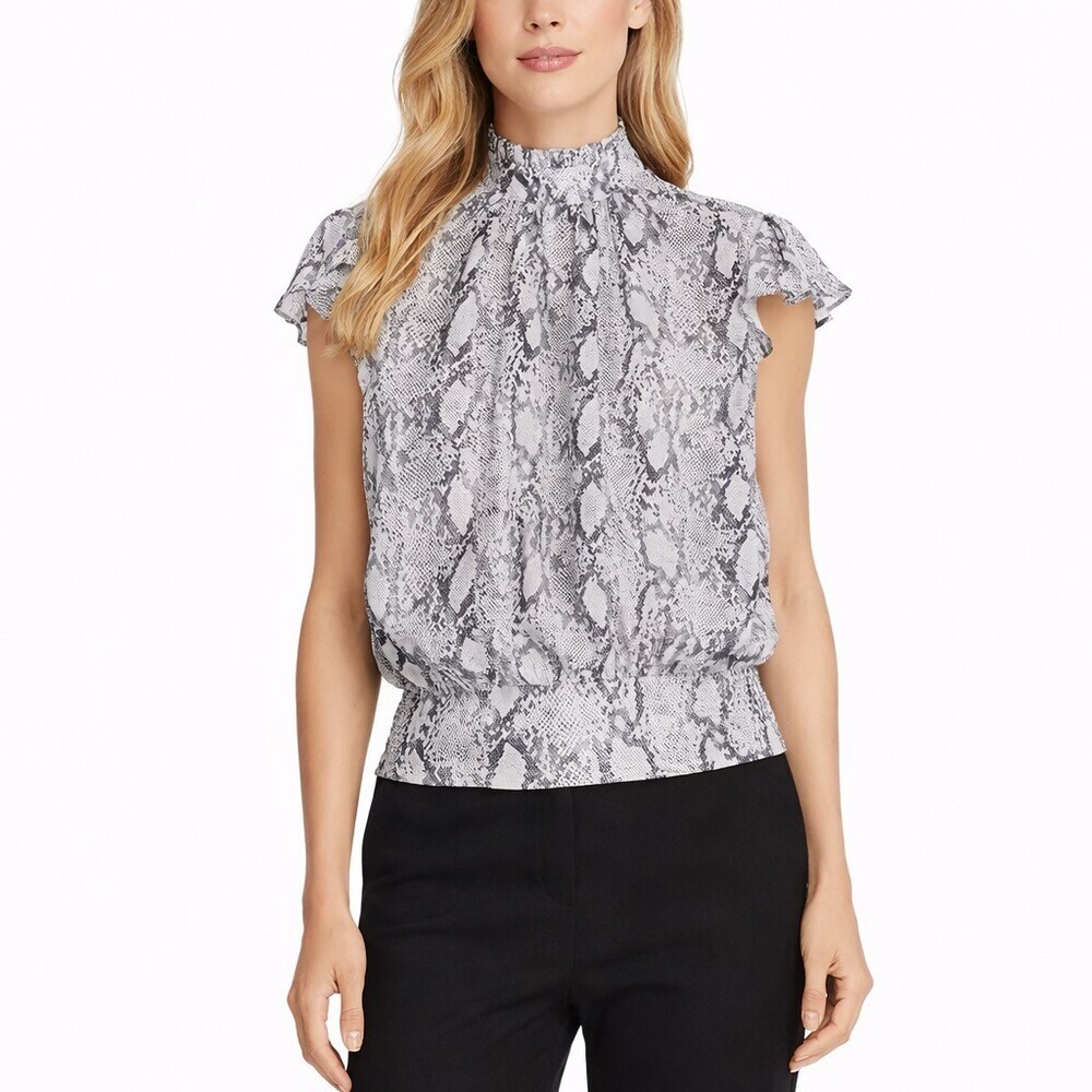 FRAME Denim Silk Snakeskin Ruffle Blouse Size Small Smocked Hem Back Button NWT